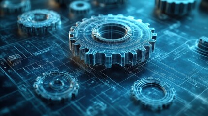 Digital blueprint with rotating gears symbolizing engineering, innovation, and technological advancement