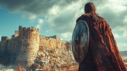 Viking warrior is standing and looking at a medieval castle holding a shield on a cloudy day