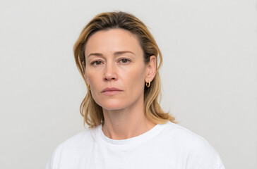 Portrait of a worried Mature Woman with Blonde Hair and White T-Shirt