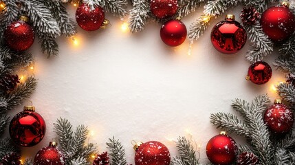 Christmas background showing red ornaments, snowy fir branches, and fairy lights creating a festive border on a white background with copy space