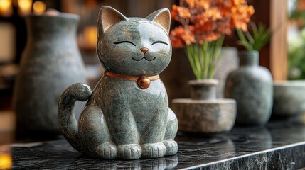 Charming ceramic cat figurine sits peacefully on a marble table, adding a touch of whimsy to a sophisticated interior setting with blurred vases