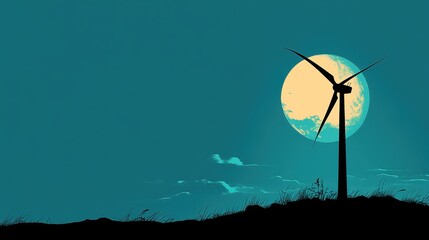 Wind turbine silhouette at night generating clean energy under full moon