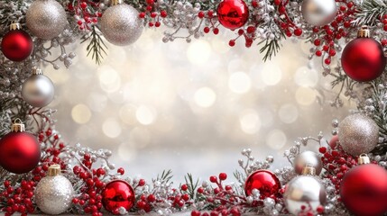 Christmas wreath with red and silver ornaments forming a frame on a blurred background