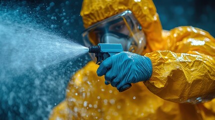 Virologist spraying disinfectant while wearing a hazmat suit, gloves, and mask