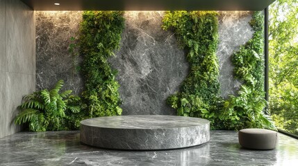 Empty round marble podium in a modern room with vertical garden and large window showing forest, perfect for product placement