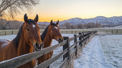 Pair of horses behind wooden fence in snowy ranch during sunset with mountains in background
