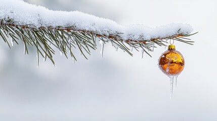 Christmas ball hanging on a snow-covered pine branch with icicles on a cold winter day