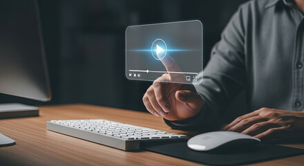 Interactive Video Streaming Concept: Man Taps Virtual Play Button on Screen for Online Media, Entertainment, and Digital Content Access