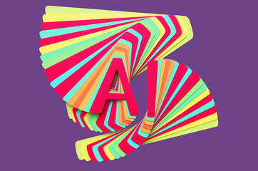 Concept of colored letters AI of artificial intelligence with glitch effect on purple background. 3d rendering illustration.