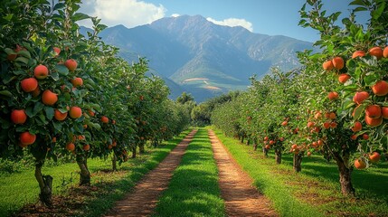 Rows of apple trees laden with ripe fruit create a picturesque scene in a mountain valley orchard