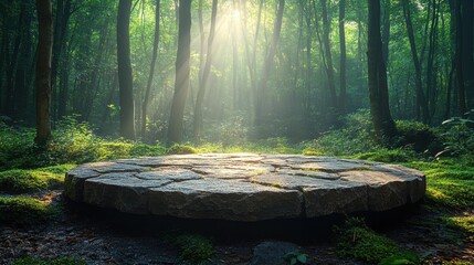 Sunbeams illuminate a stone podium in a clearing of a lush, green forest, creating a magical atmosphere