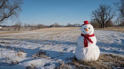 Snowman with red hat and scarf standing in a snowy field during a sunny winter day
