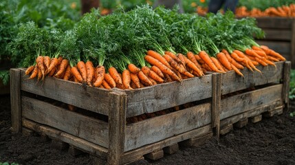 Vibrant orange carrots, complete with their green leafy tops, overflow from rustic wooden crates, showcasing a successful harvest on a farm
