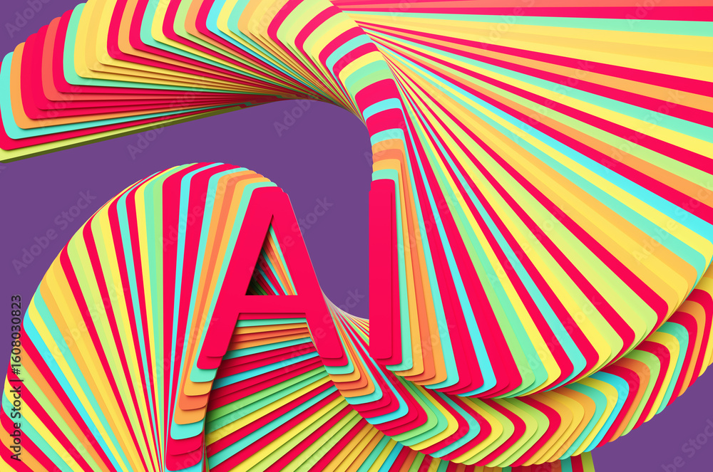 Poster concept of colored letters ai of artificial intelligence with glitch effect on purple background. 3d