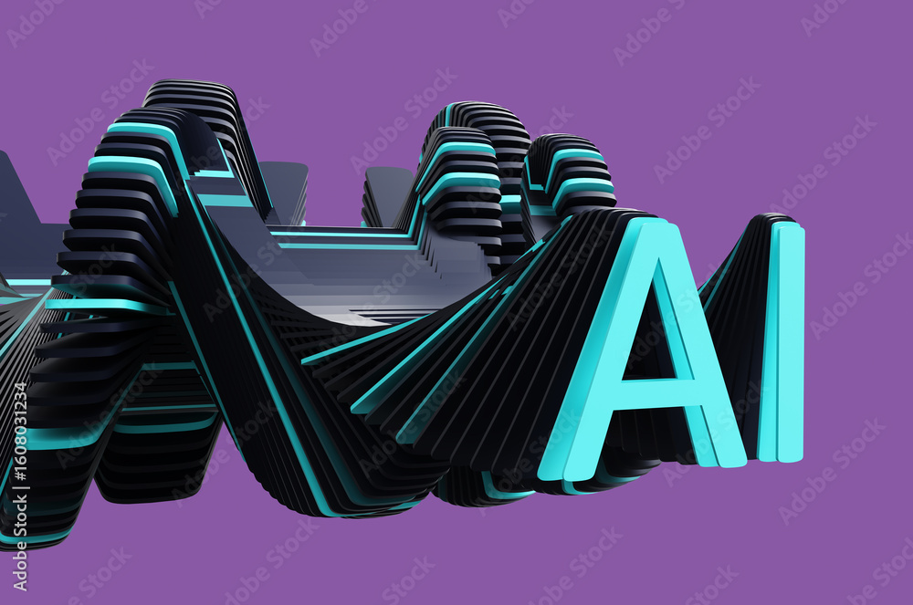 Aufkleber concept of blue letters ai of artificial intelligence with glitch effect on purple background. 3d re