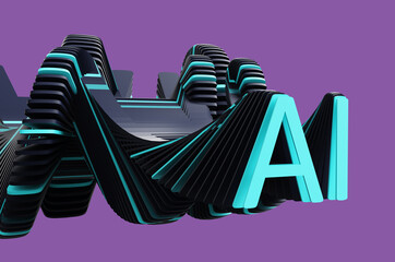 Concept of blue letters AI of artificial intelligence with glitch effect on purple background. 3d rendering illustration.