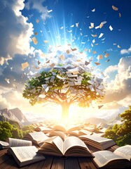A symbolic tree emerging from open books, representing knowledge and enlightenment.