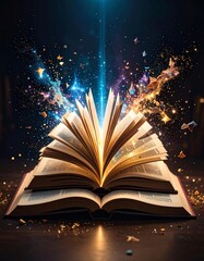 An open book emits colorful light, representing knowledge and imagination.