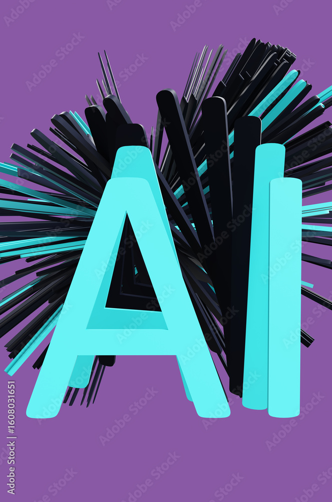Aufkleber concept of blue letters ai of artificial intelligence with glitch effect on purple background. 3d re