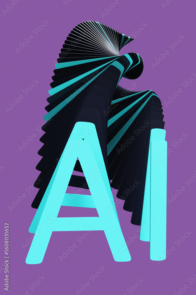 Poster concept of blue letters ai of artificial intelligence with glitch effect on purple background. 3d re