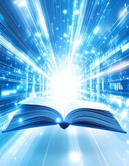 An open book radiating light, symbolizing knowledge and enlightenment.