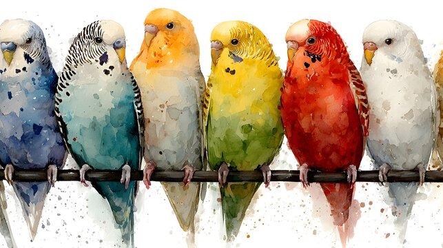 Watercolor painting shows a colorful group of parakeets perched together on a branch in a row pattern.