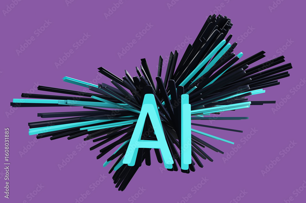 Aufkleber concept of blue letters ai of artificial intelligence with glitch effect on purple background. 3d re