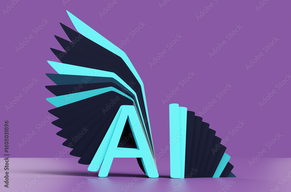 Poster concept of blue letters ai of artificial intelligence with glitch effect on purple background. 3d re