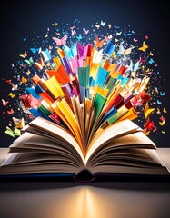 An open book bursts with colorful letters and vibrant butterflies symbolizing knowledge.