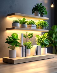 Stylish plant shelf with various greenery illuminating a modern interior space.