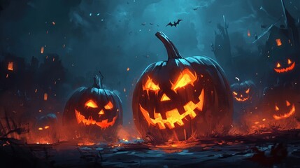 Naklejka premium eerie halloween night scene showcasing glowing jack-o'-lanterns amidst a backdrop of ghostly silhouettes and a dark misty sky casting a spooky and festive ambiance perfect for the haunting season