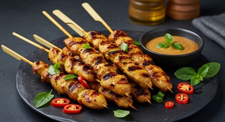 Close-up of succulent grilled chicken satay skewers, perfectly charred and caramelized, on a wooden serving board. The grilled meat is juicy and flavorful, perfect for a summer barbecue or party
