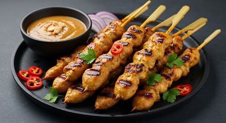 Close-up of succulent grilled chicken satay skewers, perfectly charred and caramelized, on a wooden serving board. The grilled meat is juicy and flavorful, perfect for a summer barbecue or party