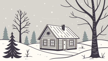 Winter cabin scene illustration with snow covered landscape
