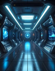 A futuristic corridor illuminated with blue light and digital screens on the walls.