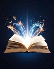 A magical book opens, releasing vibrant light and butterflies into a dark, enchanting space.