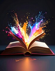 An open book unleashing vibrant colors, symbolizing creativity and imagination.