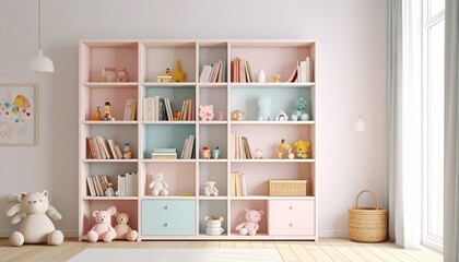 子ども部屋のカラフルな絵本棚背景