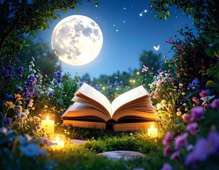 An enchanting night scene with an open book, moonlight, and blooming flowers.