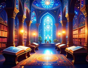 A magical library filled with glowing books and enchanting starry lights.