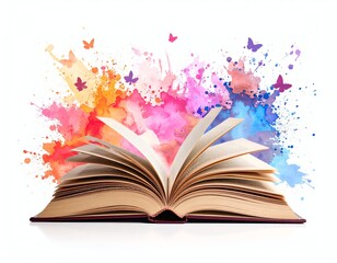 An open book with colorful splashes of paint and butterflies, symbolizing creativity.