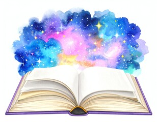 An open book with a galaxy of dreams and imagination bursting from its pages.