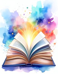 An open book with vibrant colors and magical lights representing knowledge and imagination.