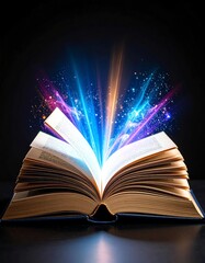 An open book radiating colorful light sparks, symbolizing creativity and imagination.