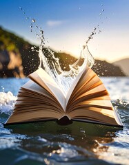 An open book splashes into water, symbolizing adventure and imagination in nature.