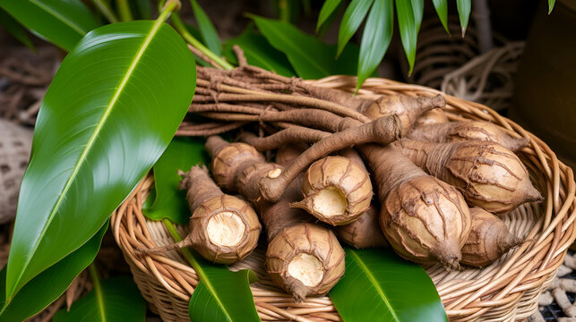 Freshly harvested kava roots lie on a woven basket, surrounded by green leaves, in a rustic tropical setting,