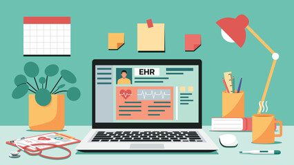 Electronic health record displayed on laptop screen with medical equipment in a clinical workspace environment, vector flat illustration