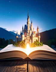 A magical castle emerging from an open book under a starry sky at twilight.