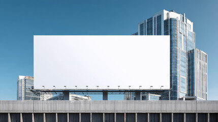 Fototapeta premium A large blank billboard stands in an urban setting, surrounded by modern glass buildings under a clear blue sky. Ideal for advertising or promotional content. mock up