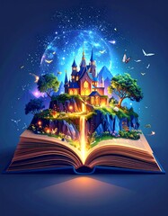 An enchanting book reveals a magical world filled with castles, trees, and stars.